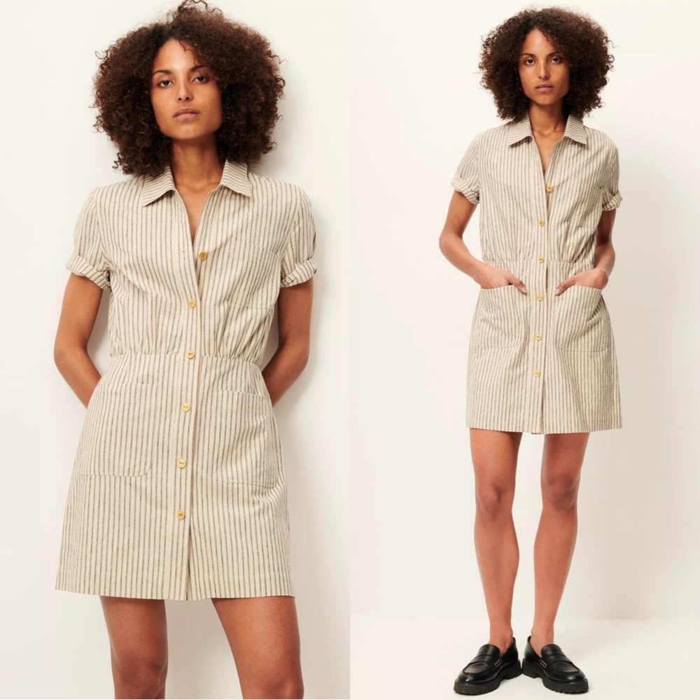 NEW SESSÙN Linen Organic Cotton‎ Stripe Old Money Preppy Button Up Shirt Dress S
